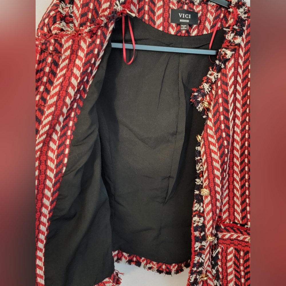 Vici Faux Tweed Red and Black Blazer/Jacket Size M - Picture 6 of 9